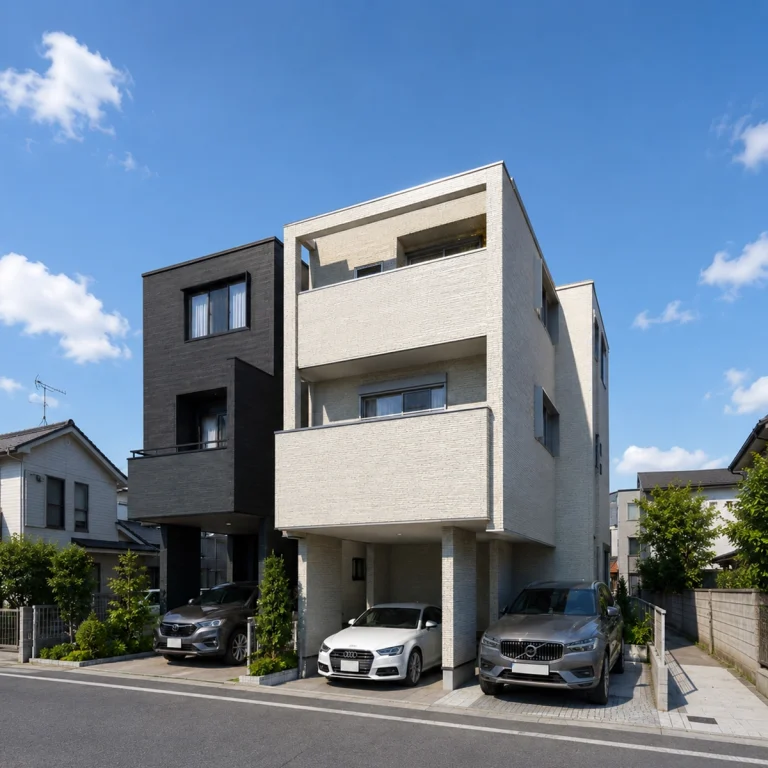 【高品質・フォトリアル】モダンな3階建て住宅の外観CGパース｜ビルトインガレージのある戸建て