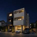 【高品質・フォトリアル】モダンな3階建て住宅の外観CGパース|ビルトインガレージのある戸建て