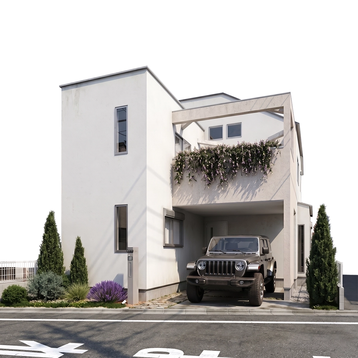 ガレージにグレーのジープが駐車された、白いモダンなボックスデザインの2階建て一戸建て住宅の建築CG外観パース。