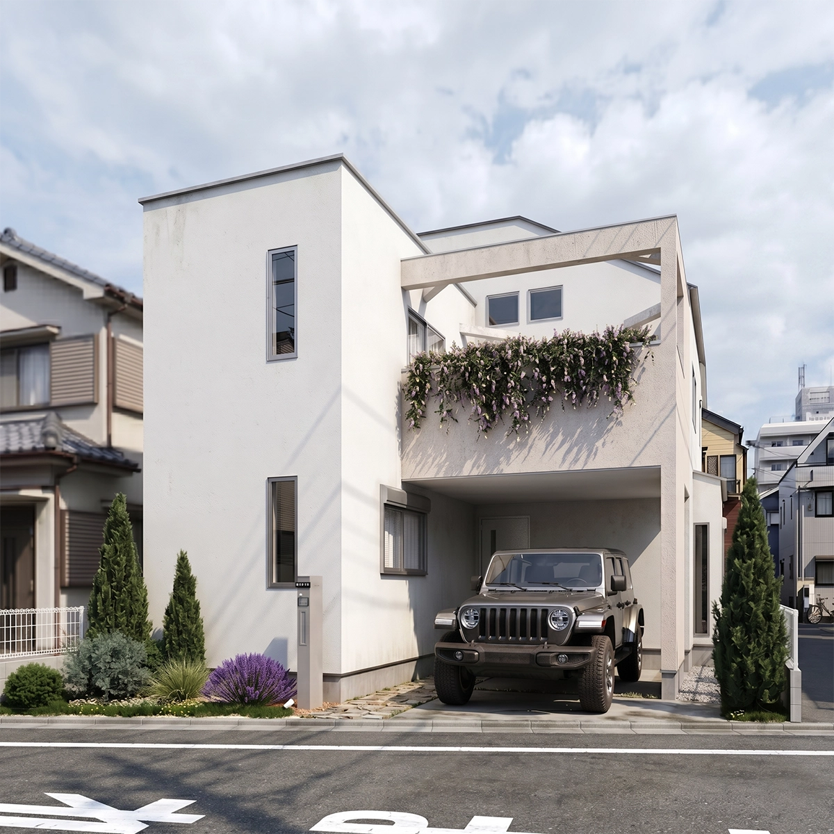 【建築CG】都市生活を彩る、ビルトインガレージ付きモダン住宅の3Dパース。