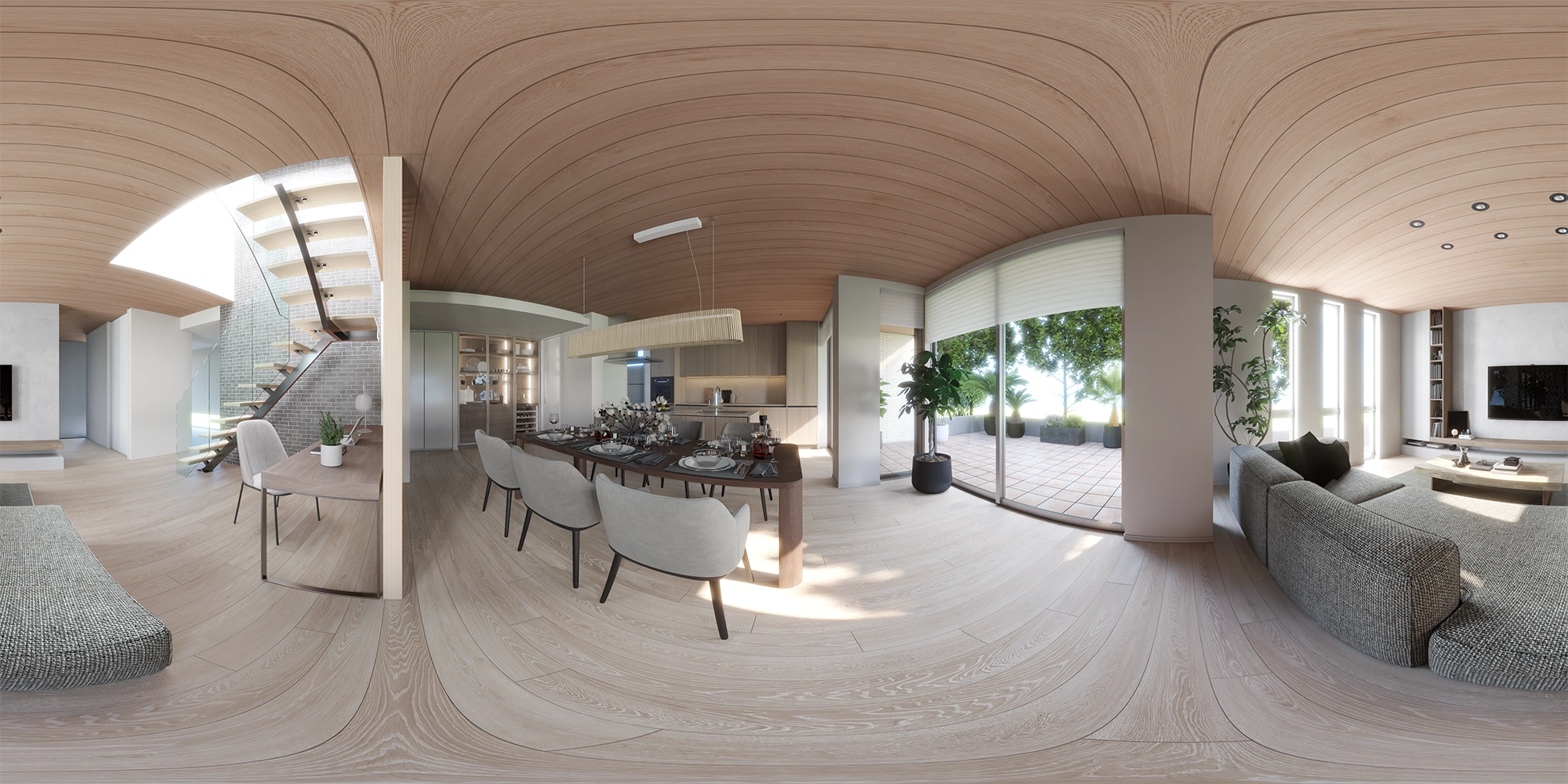 広々としたリビング・ダイニング・キッチンの360度パノラマCG画像。左手にガラス手摺の階段、中央にダイニングテーブル、右手にグレーの大型ソファとテラスへ続く大きな窓が配置されています。