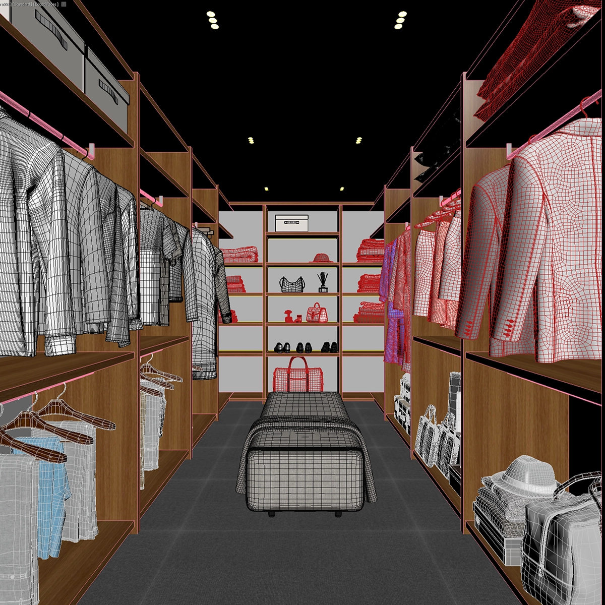 ウォークインクローゼットの3DCG制作過程を示すワイヤーフレーム画面。衣服やバッグ、靴などがポリゴンメッシュで表示されています。