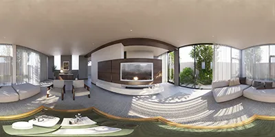 ダンな高級リビングルームの360度パノラマビュー。埋め込みテレビ壁、L字型ソファ、大きな窓から見えるプライベートガーデンの眺め。