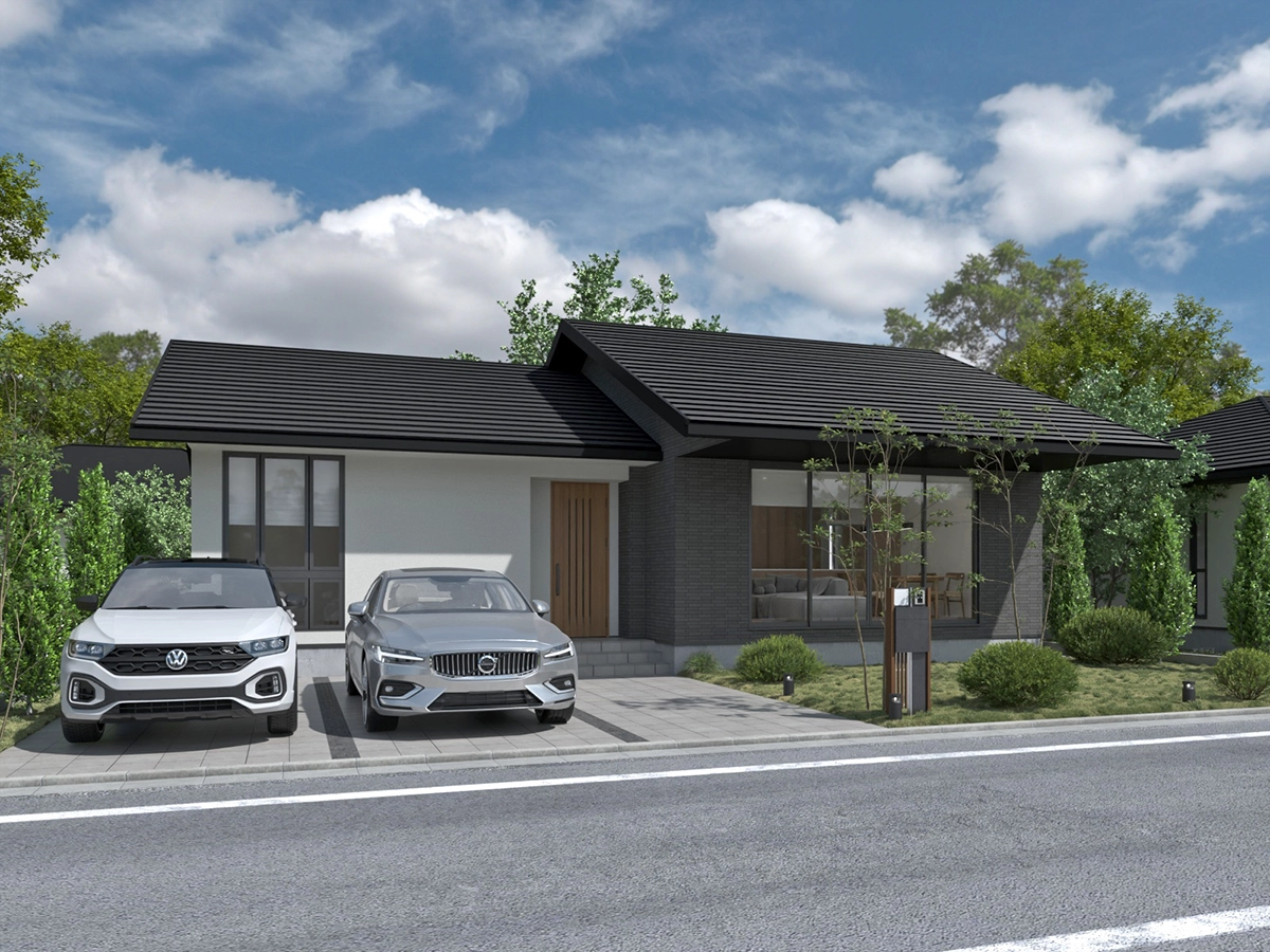 白い壁とグレーのタイルを組み合わせた現代的な平屋建て住宅のCG外観パース。手前には白いSUVとシルバーのセダンが駐車され、緑の植栽と青空が背景にある。