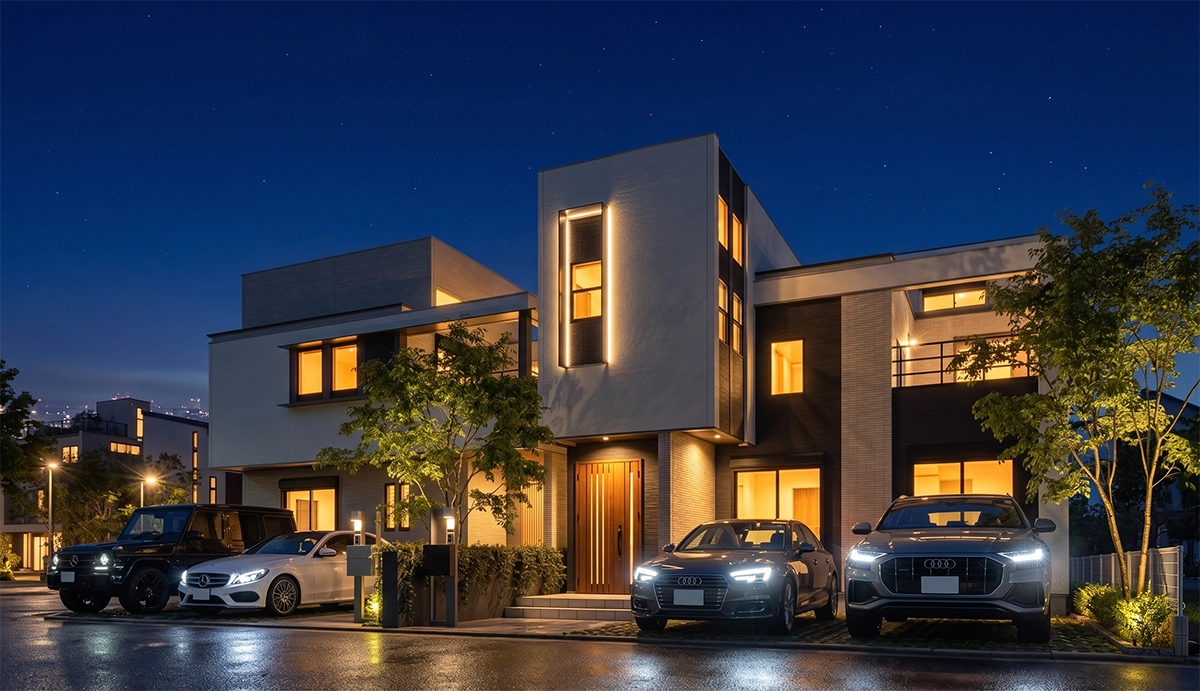 夜のモダンな高級住宅の建築CG。白いメルセデス・ベンツやアウディなどの高級車が駐車しており、温かい照明が建物を照らしている。路面は濡れて反射している。