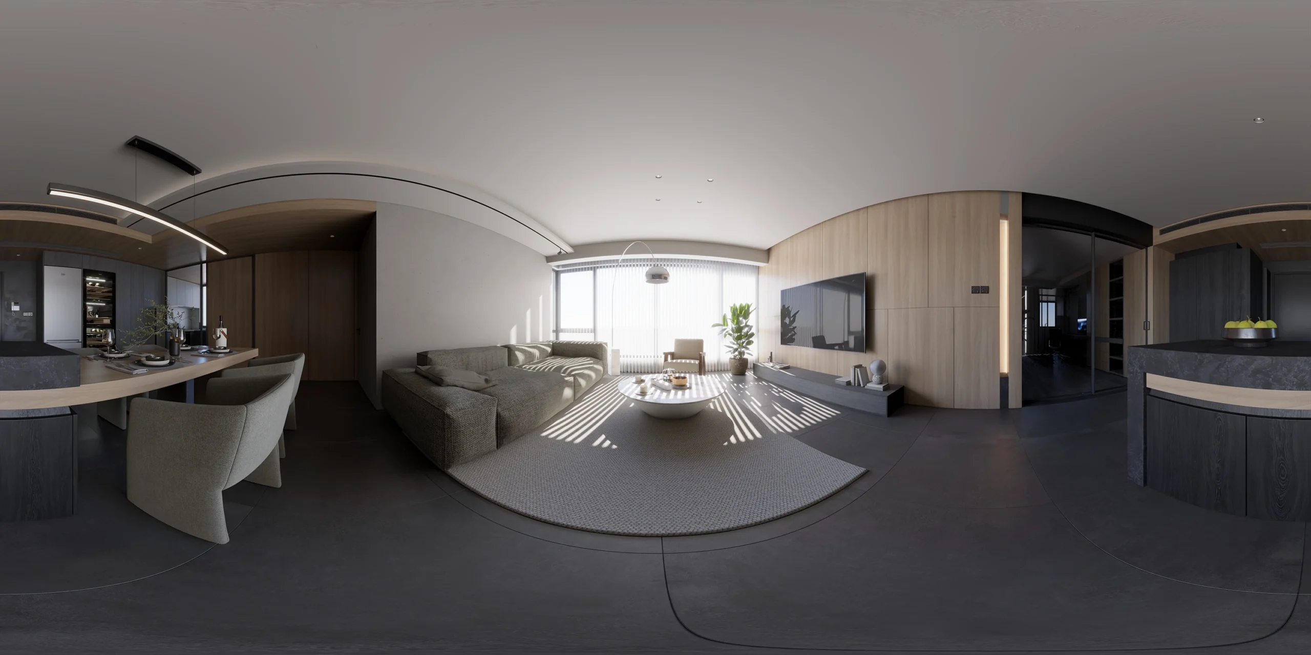「モダンなデザインのリビング・ダイニングの360度パノラマCG画像。中央にアイランドキッチンがあり、南側の大きな窓から明るい光が差し込んでいる。」