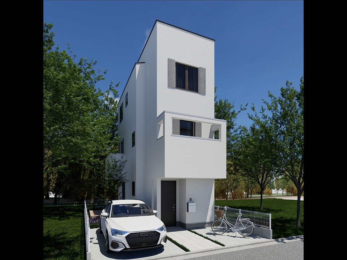 青空を背景にした、モダンで細長い白い3階建て住宅のCG外観。手前の駐車スペースには白い車が停まっており、玄関脇には自転車が置かれている。